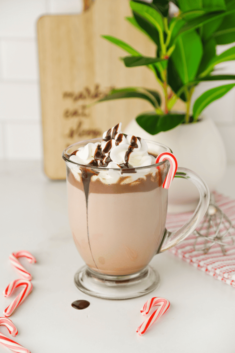 Close-up of homemade peppermint hot chocolate in a red mug with a candy cane stirrer