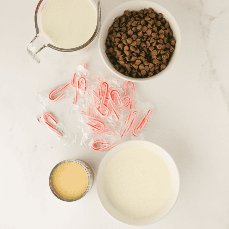 Ingredients needed for Crockpot Peppermint Hot Chocolate on kitchen table.