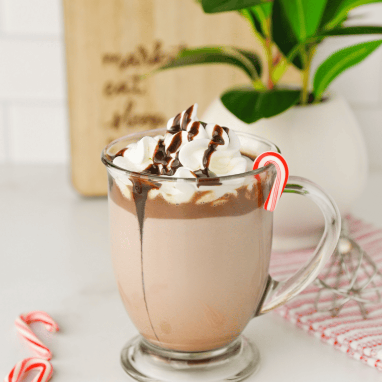 Slow cooker peppermint hot chocolate served in a mug topped with whipped cream and crushed candy canes