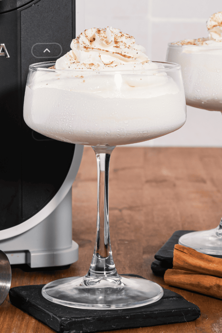 Ninja Slushi dessert drink recipe Brandy Alexander frozen cocktail served in coupe glass with frosty finish