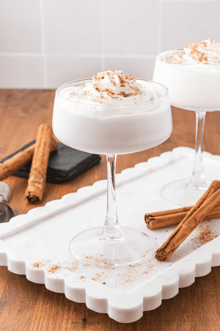 Close-up of creamy frozen Brandy Alexander cocktail with chocolate garnish