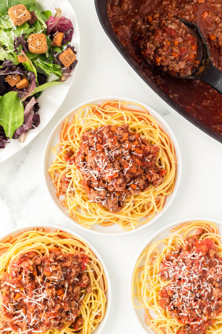 Crockpot Bolognese sauce over spaghetti pasta