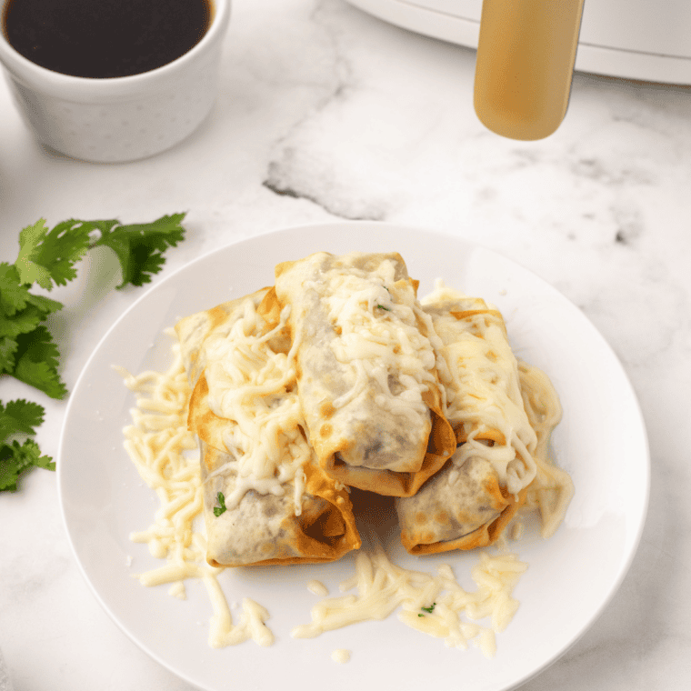 A plate of easy air fryer birria egg rolls made with Trader Joe's birria, served with consomm&eacute;