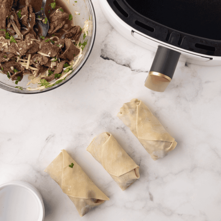 Shredded birria beef and cheese rolled into a diamond-shaped egg roll wrapper