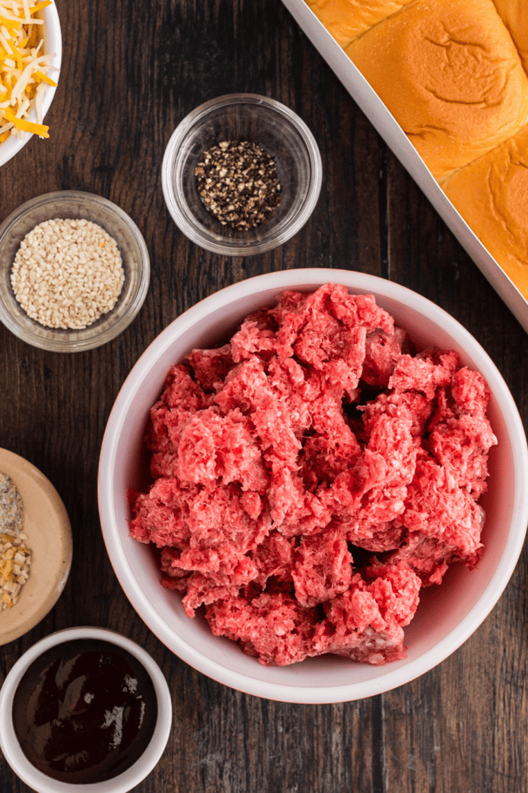 Ingredients for Air Fryer Black Currant Smashburger Sliders including ground beef, slider buns, American cheese, and McCormick Sweet & Smoky Black Currant Seasoning