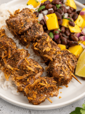 Air Fryer Jerk Pork Skewers with Black Bean Mango Salsa (Ready in 30 Minutes!)