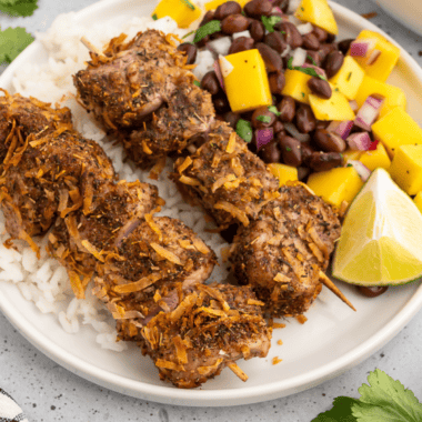 Air Fryer Jerk Pork Skewers with Black Bean Mango Salsa (Ready in 30 Minutes!)