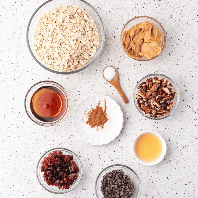 Ingredients for air fryer peanut butter granola: oats, peanut butter, honey, and cinnamon.
