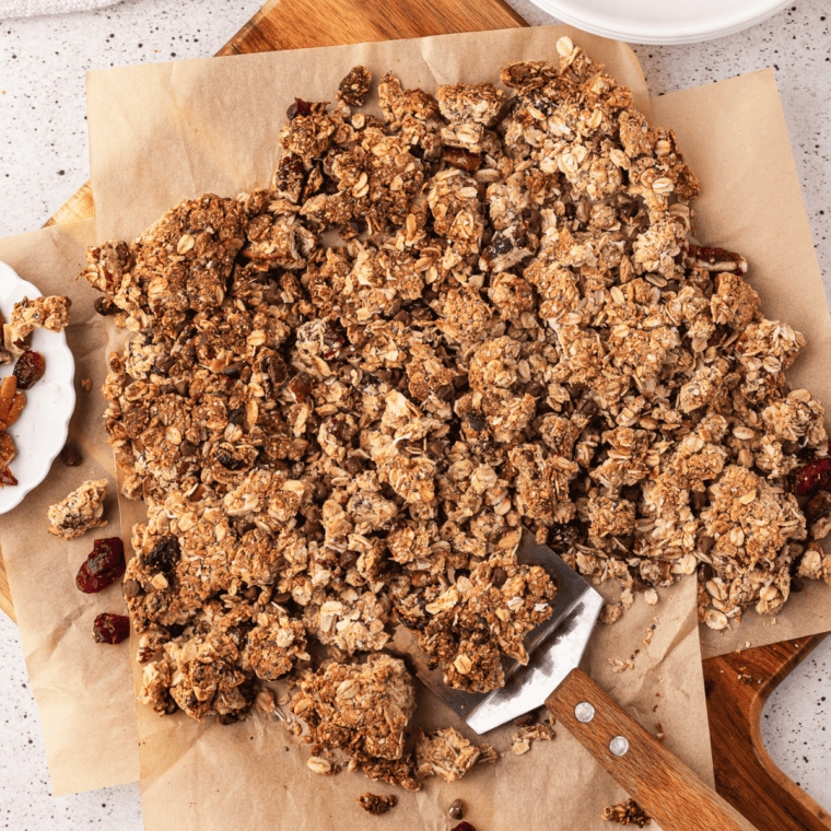 Close-up of crunchy air fryer peanut butter granola with chocolate chips.