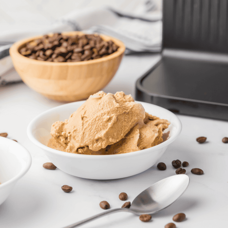 Bowl of rich, sweet-cream Cold Stone copycat coffee ice cream made in the Ninja Creami