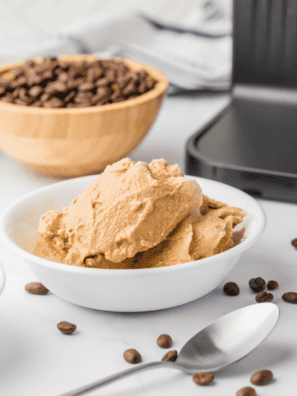 Scoop of Ninja Creami coffee ice cream in a glass bowl, a Cold Stone copycat recipe