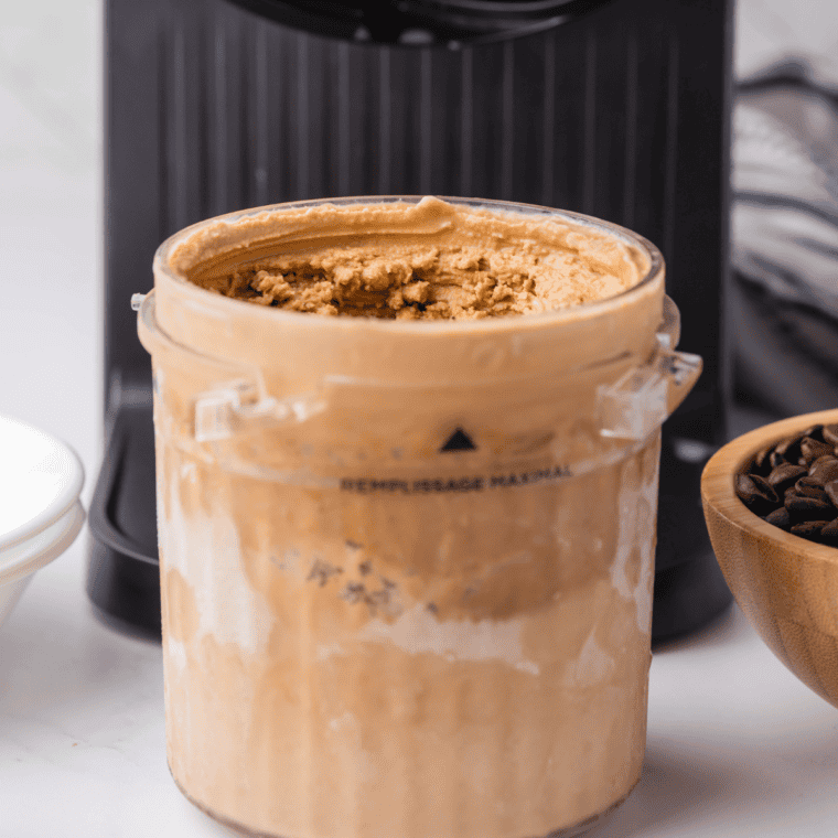Scoop of finished Cold Stone copycat coffee ice cream made in the Ninja Creami