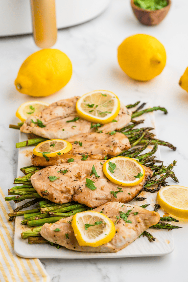 Grilled chicken made with copycat Lawry's lemon pepper marinade, garnished with fresh lemon slices