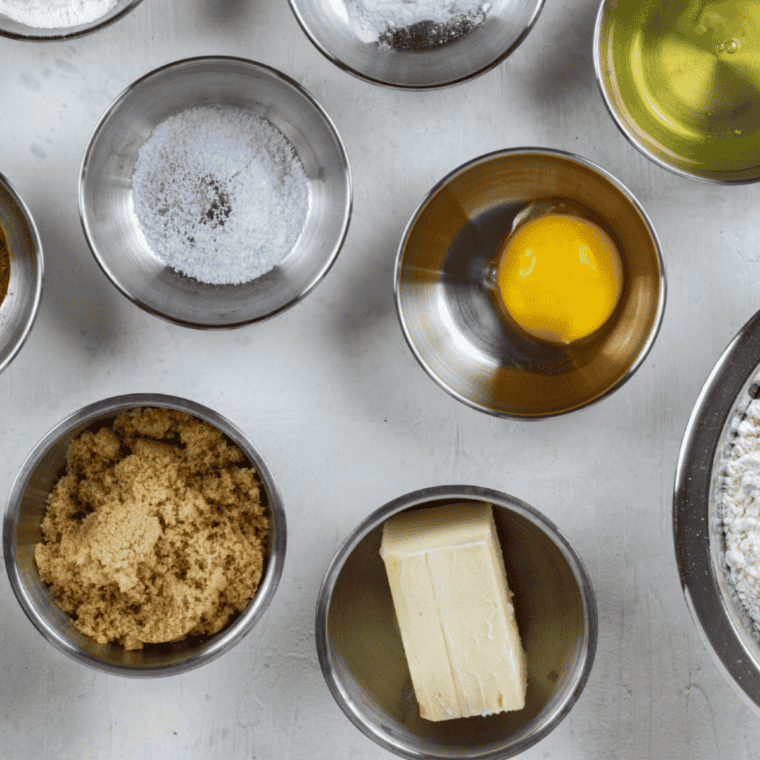 Flour, oats, pecans, maple syrup, and butter for Copycat Starbucks Maple Oat Nut Scones.
