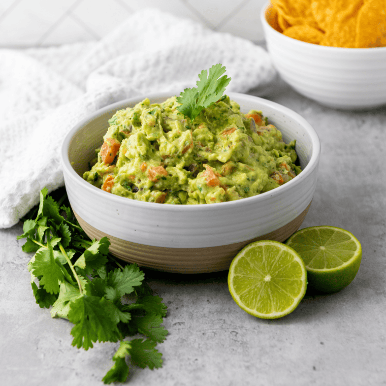 Overhead view of vegan guacamole in a stone bowl surrounded by tortilla chips, lime, and jalape&ntilde;o