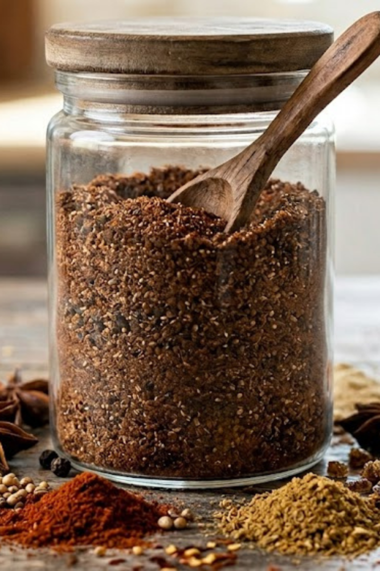 Easy Hello Fresh Fry Seasoning recipe displayed in a glass jar with measuring spoons.