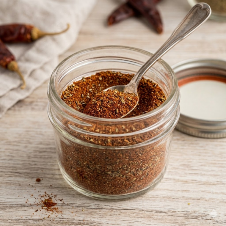 Homemade fajita seasoning being transferred to an airtight spice jar for storage or immediate use in fajita recipes.