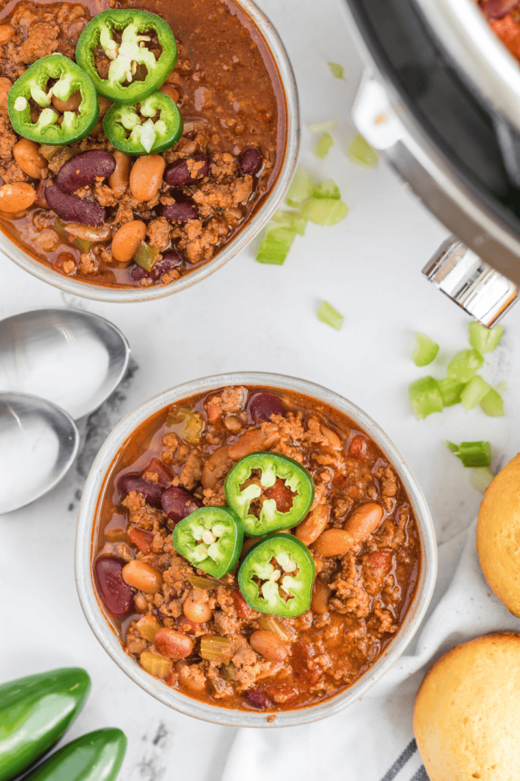 crockpot mccormick chili after slow cooking with thick beef and bean texture