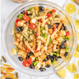 mccormick salad supreme recipe pasta salad in serving bowl with fresh vegetables"