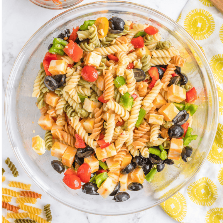 Mccormick salad supreme recipe pasta salad in serving bowl with fresh vegetables