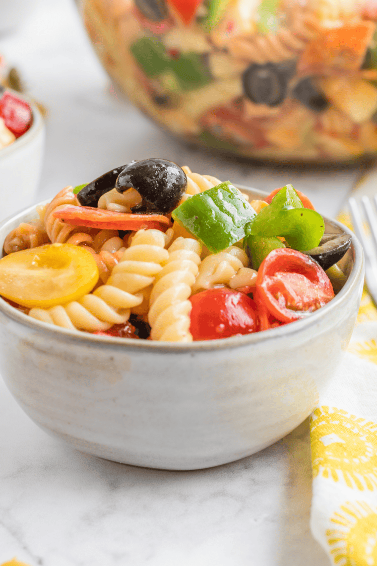mccormick salad supreme recipe spaghetti salad in vintage glass bowl with fresh vegetables