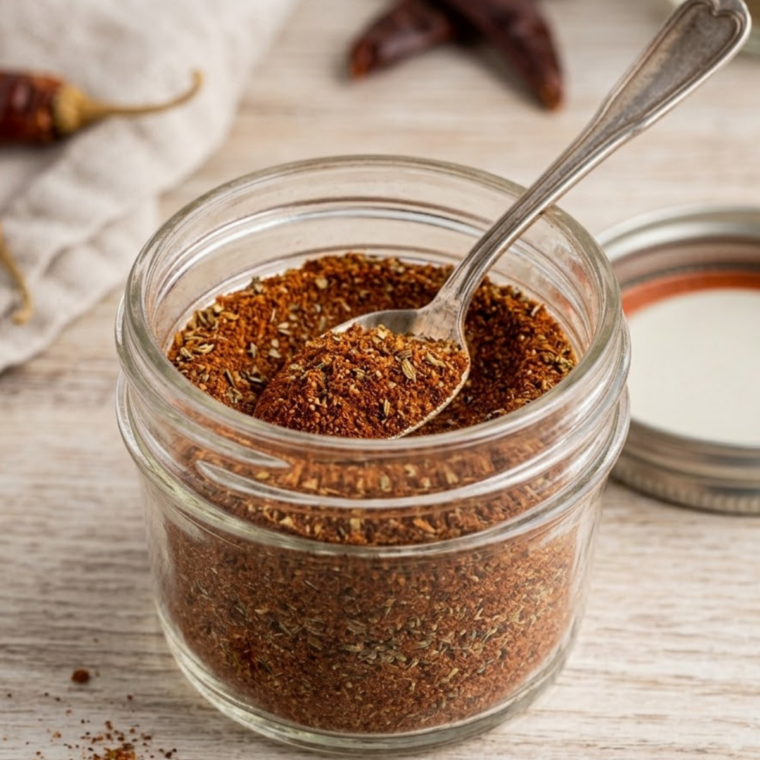 DIY mild chili seasoning mix displayed in a glass container surrounded by individual spices.