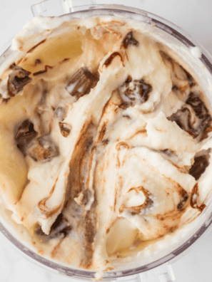 Ninja Creami Blue Bell Homemade In The Shade ice cream in a bowl with a chocolate fudge swirl