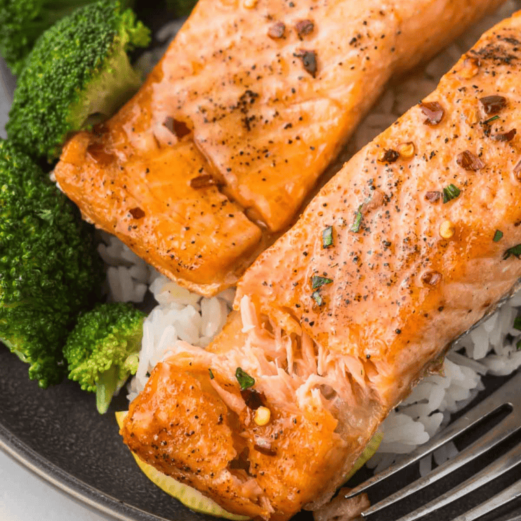 Soy-Honey — Soy-honey glazed salmon topped with sesame seeds and sliced scallions