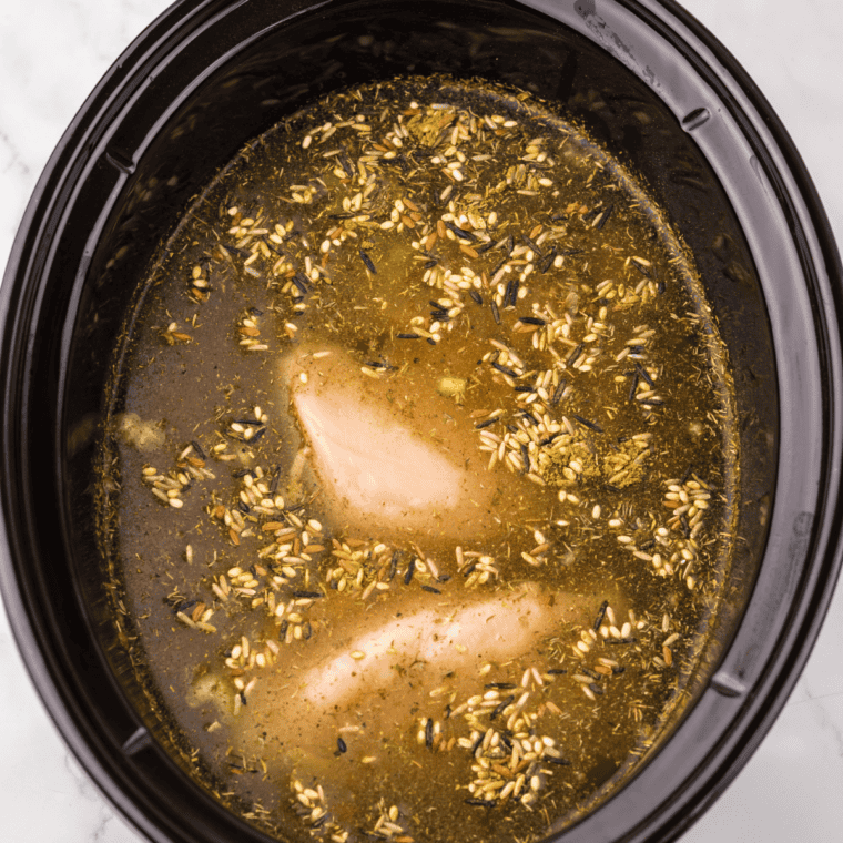 Raw chicken, wild rice, carrots, celery, onion, and broth in a slow cooker before cooking