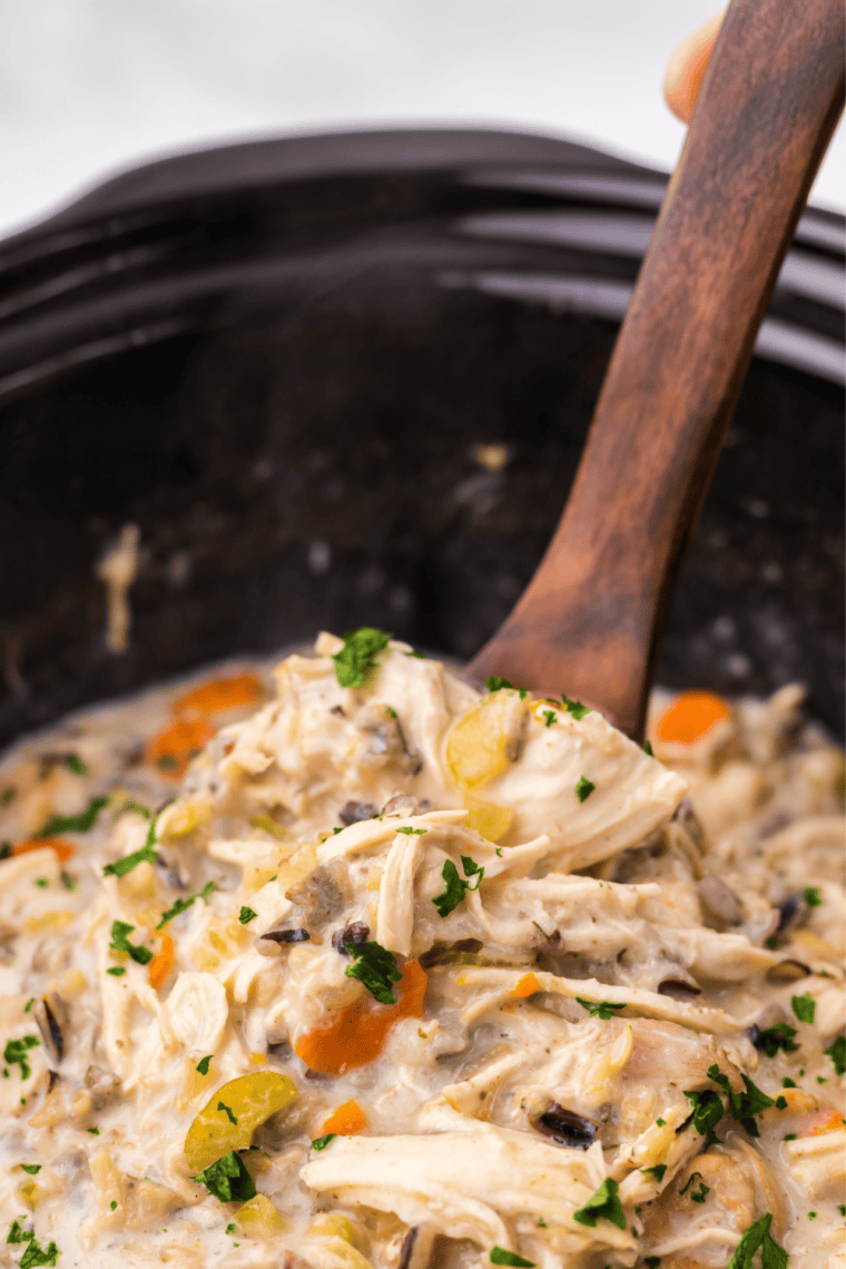 Slow cooker filled with creamy chicken and wild rice soup, ready to serve