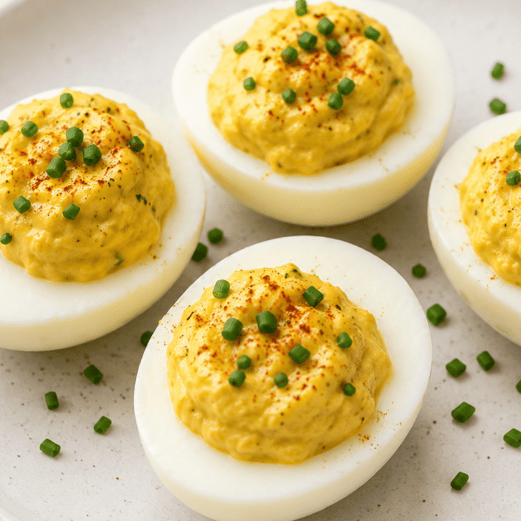 Platter of smoked deviled eggs garnished with smoked paprika and fresh chives