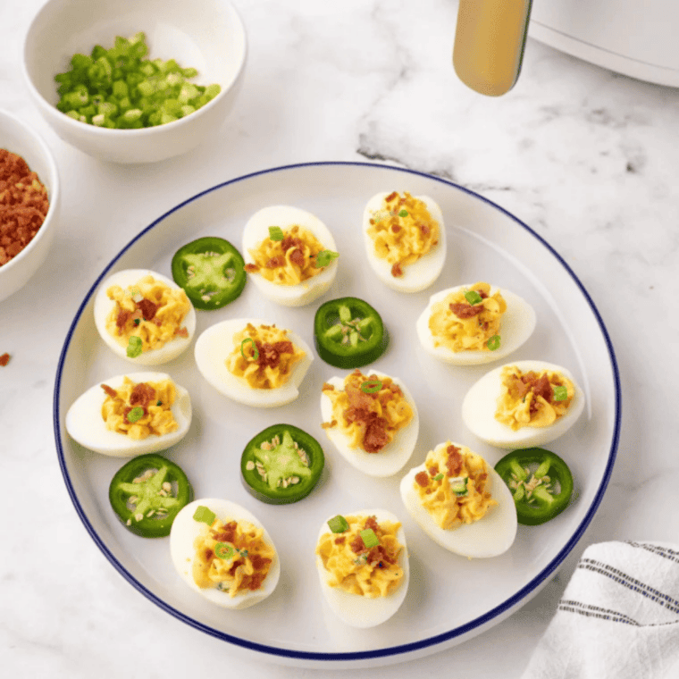Platter of smoked deviled eggs garnished with smoked paprika and fresh chives