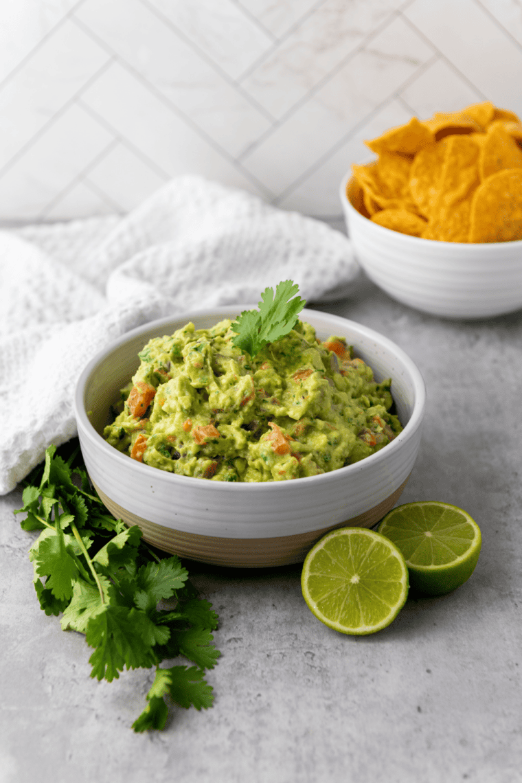 Bowl of chunky spicy guacamole served with crispy tortilla chips and fresh lime