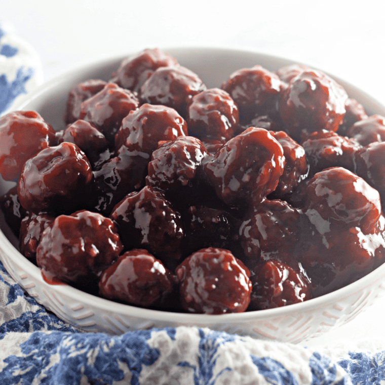 Bowl of Jack Daniel's meatballs coated in sticky whiskey BBQ sauce