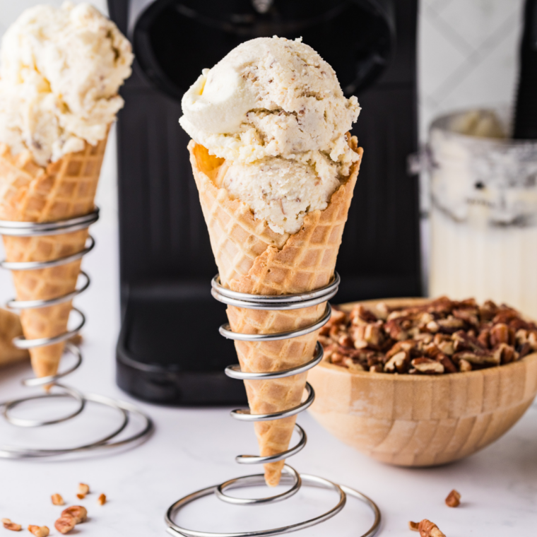 Freshly spun Ninja Creami butter pecan ice cream ready to serve