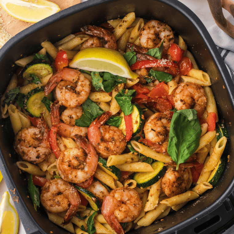 Copycat Red Lobster Cajun seasoning on raw shrimp in an air fryer basket