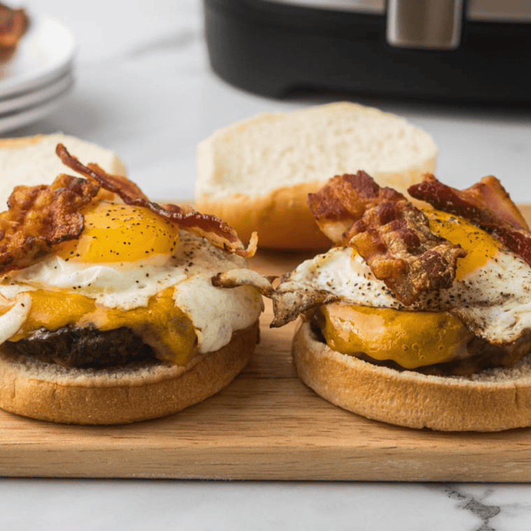 Cooked breakfast sausage patties resting on a plate, deep brown crust visible