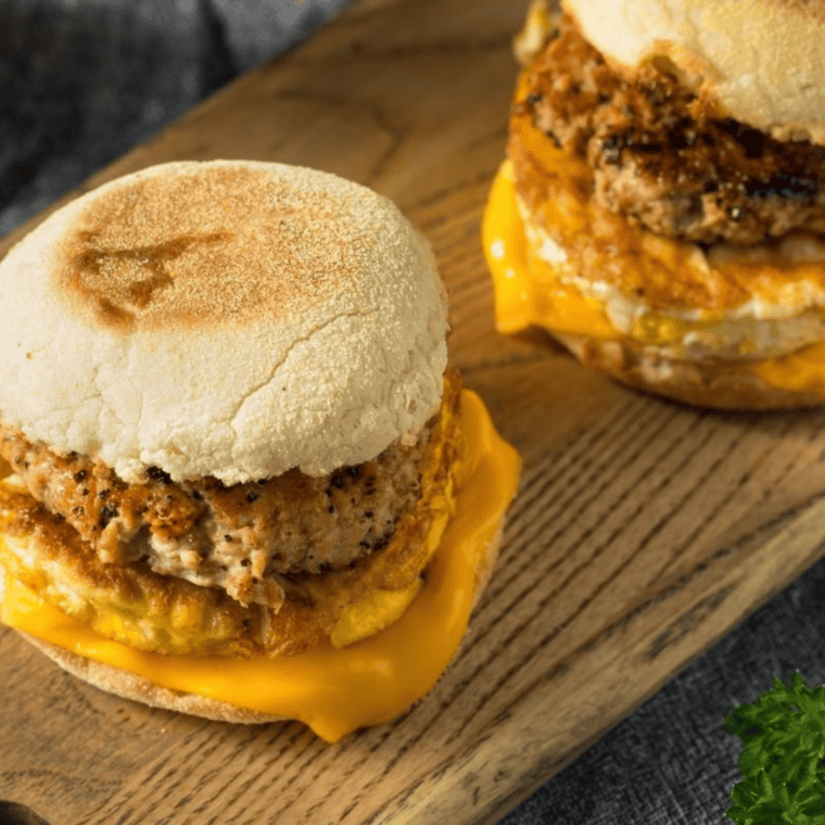 Stack of golden-brown Bob Evans breakfast sausage patties on a white plate with scrambled eggs and a biscuit