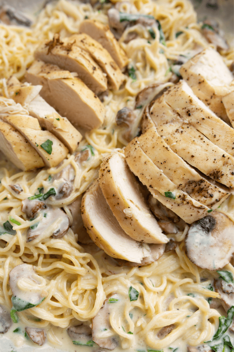Chicken La Madeleine tossed with pasta in creamy mushroom sauce