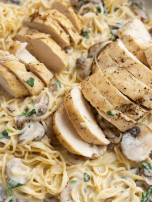 Chicken La Madeleine copycat with seared chicken breast under creamy mushroom sauce