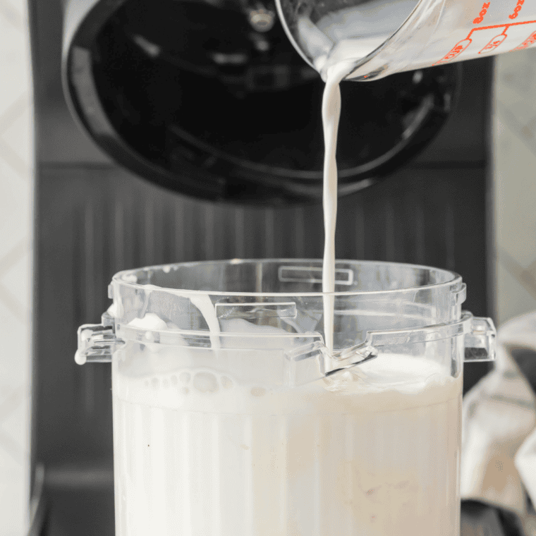 Whole milk poured into an empty blender jar before the ice cream is added