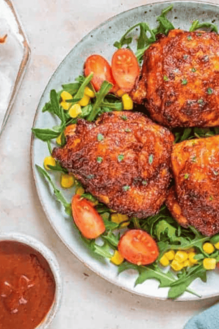 Crispy buffalo chicken thighs coated in hot sauce on a blue plate