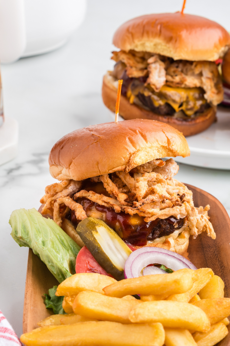 cheeseburger topped with crispy air fryer fried onions