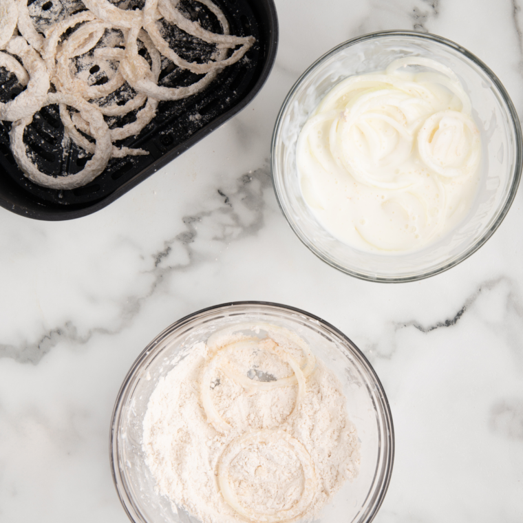 crispy golden air fryer copycat French's fried onions in the basket
