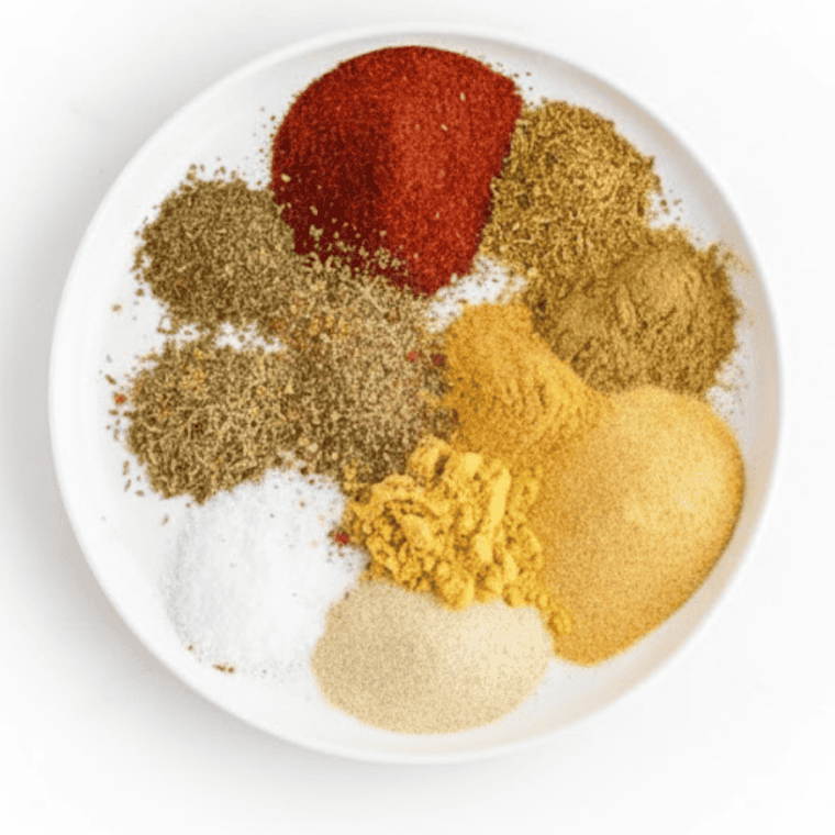 Ingredients for copycat McCormick meatloaf seasoning measured onto a plate