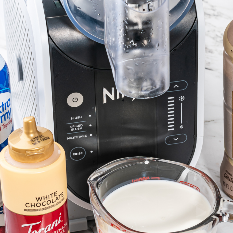 Ingredients for copycat Caramel Crunch Frosty Fusion: milk, condensed milk, caramel sauce, toffee bits, pudding mix