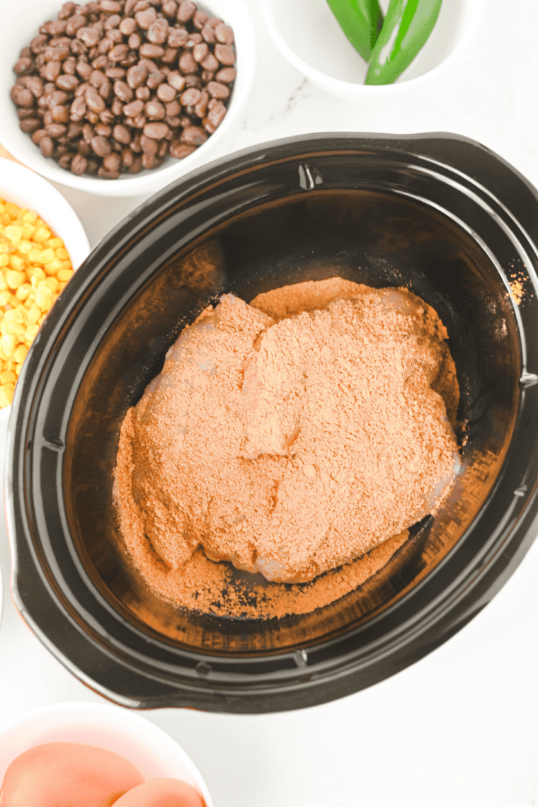Raw chicken breasts in a slow cooker sprinkled with taco seasoning
