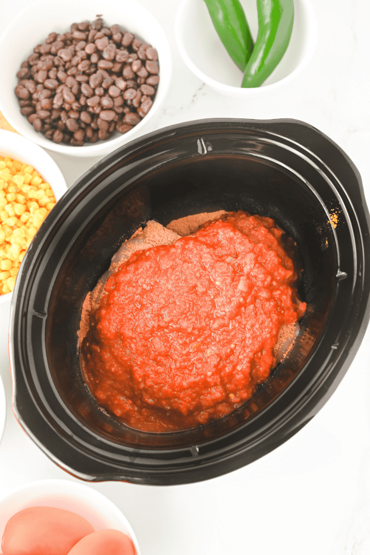 Salsa poured over seasoned chicken breasts in a slow cooker before cooking