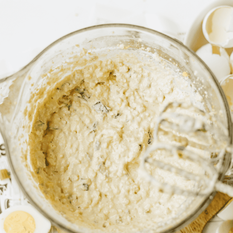 Smooth deviled egg dip mixture after blending on high with a hand mixer