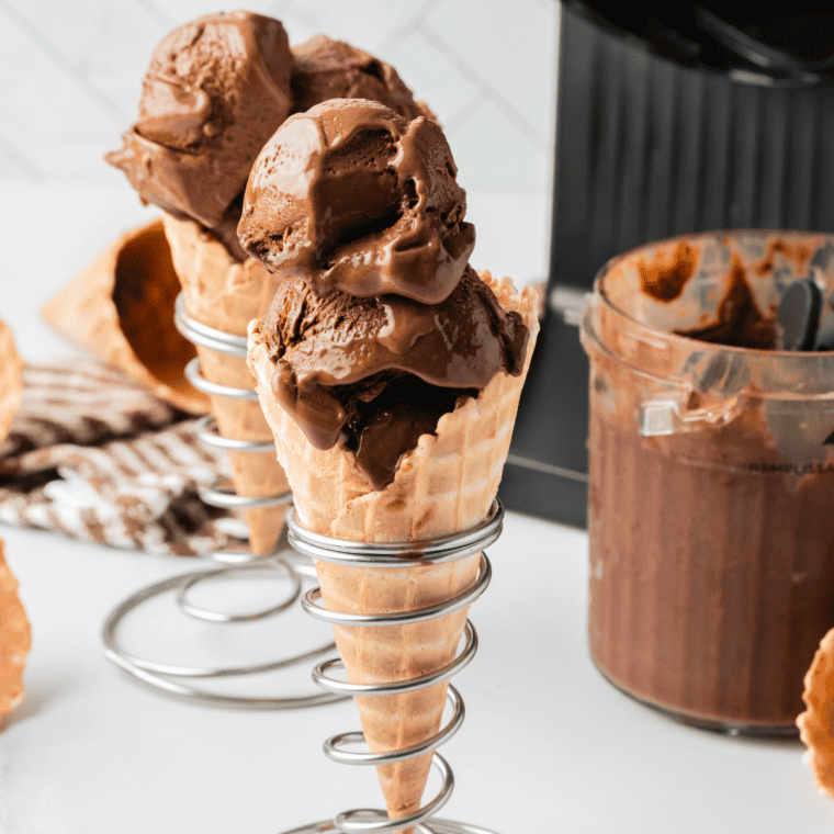 Scoop of Ninja Creami ice cream in a waffle cone